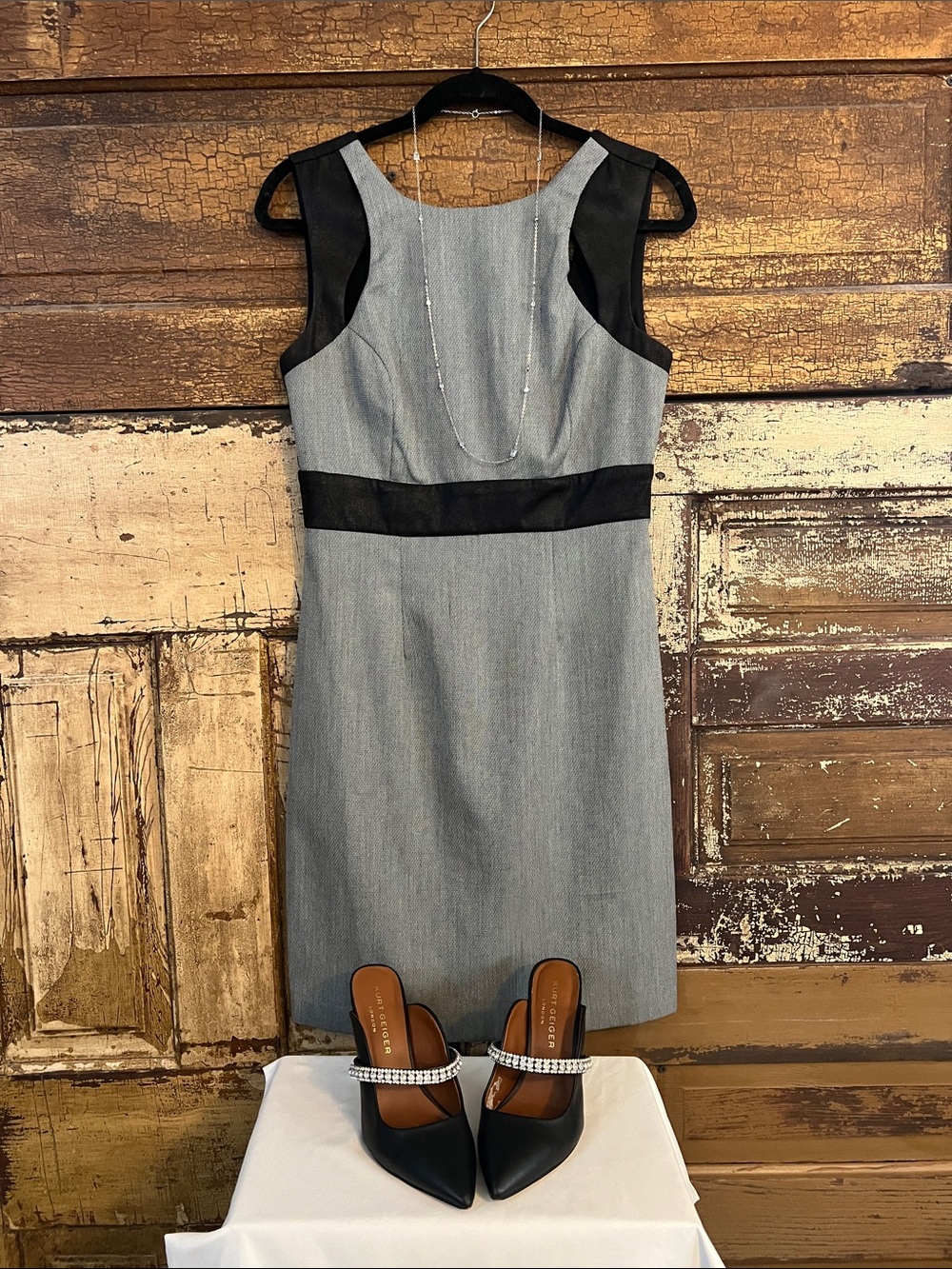 Sleeveless Gray Sheath Dress with Black Accents